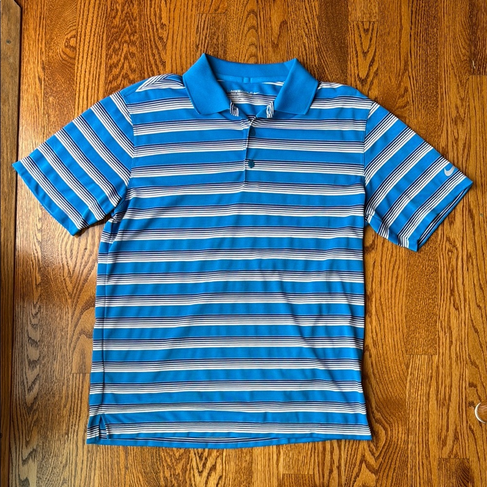Nike Golf Tour Performance Dri-Fit Blue Striped Polo Shirt, Size Medium